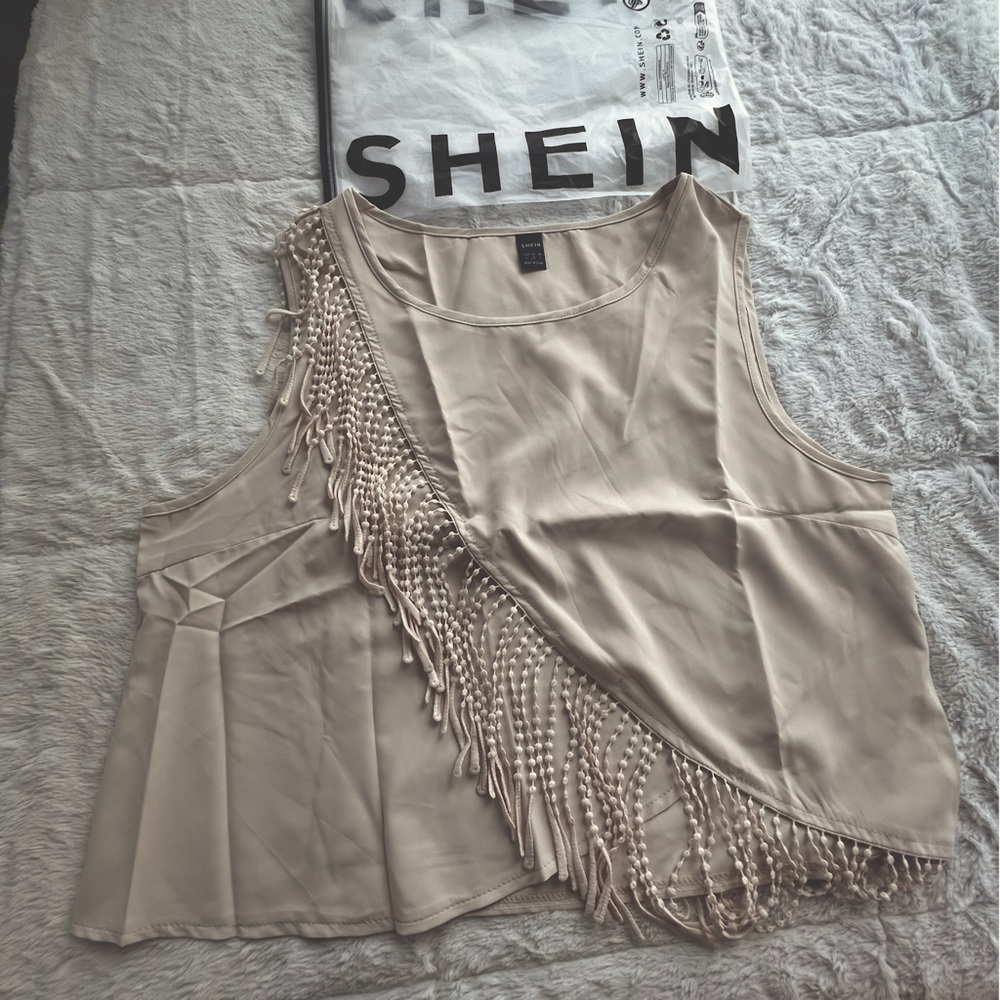 SHEIN Loose Crop Front Split Fringe Country-Girl Cream Women XL Loose Shirt NEW